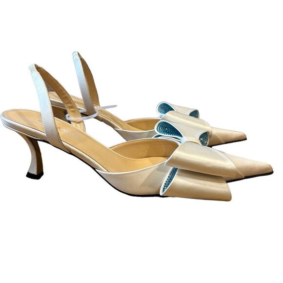 MACH & MACH La Cadeau Bow Pointed Toe Slingback Pump in White (Blue Crystals) - Picture 8 of 9